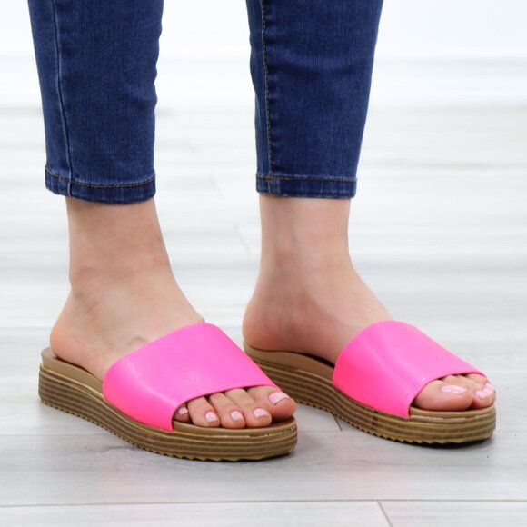Neon Pink Faux Leather Slip On Comfort Sandal - Picture 2 of 13